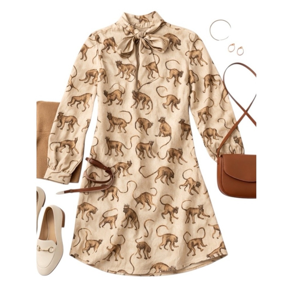 H&M Monkey Print Tie Neck Shift Dress Size 2 Cream Jacquard Rare Discontinued